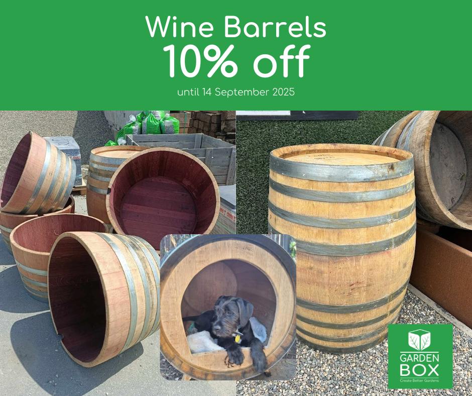 Wine barrels with a promotional banner for 10% off until 14 September 2025, featuring a dog inside one barrel.