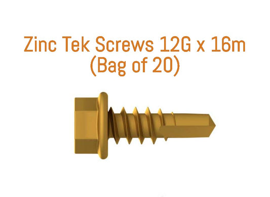 Straightcurve Fixing - Tek Screws 12G x 16m (Bag of 20) ZINC - Ideal for Weathering Range