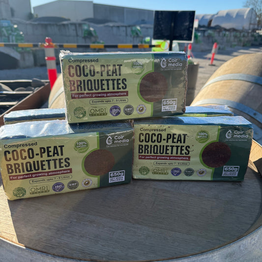 Three boxes of Coco-Peet Briquettes on a metal surface with a cityscape in the background.