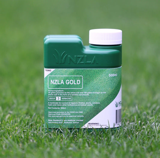 NZLA Gold bottle on grass